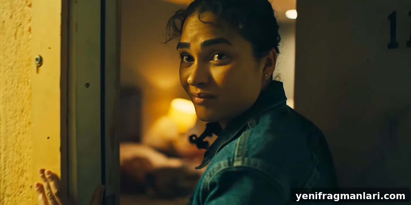 Why In Our Blood Is 2024's Most Overlooked Film at Fantasia 4 Brittany O'Grady looking back as she enters a door in the movie In Our Blood