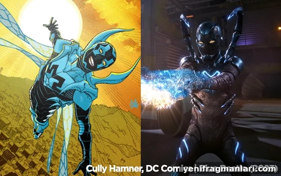 Top 10 Iconic Live-Action Superhero Suits 2 Side-by-side of DC comic book Blue Beetle and the 2023 film version.