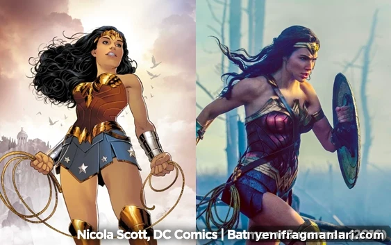 Top 10 Iconic Live-Action Superhero Suits 7 DC comics Wonder Woman side-by-side the superhero in 'Batman v Superman: Dawn of Justice'.
