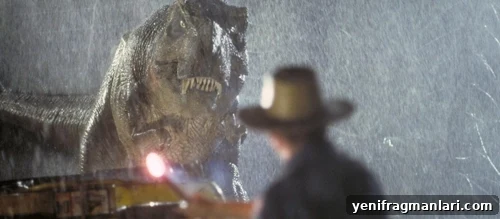 10 Iconic Dr. Alan Grant Moments from Jurassic Park 9 A Tyrannosaurus Rex faces down Dr Alan Grant, waving a flare and wearing his safari hat, in 'Jurassic Park' (1993).