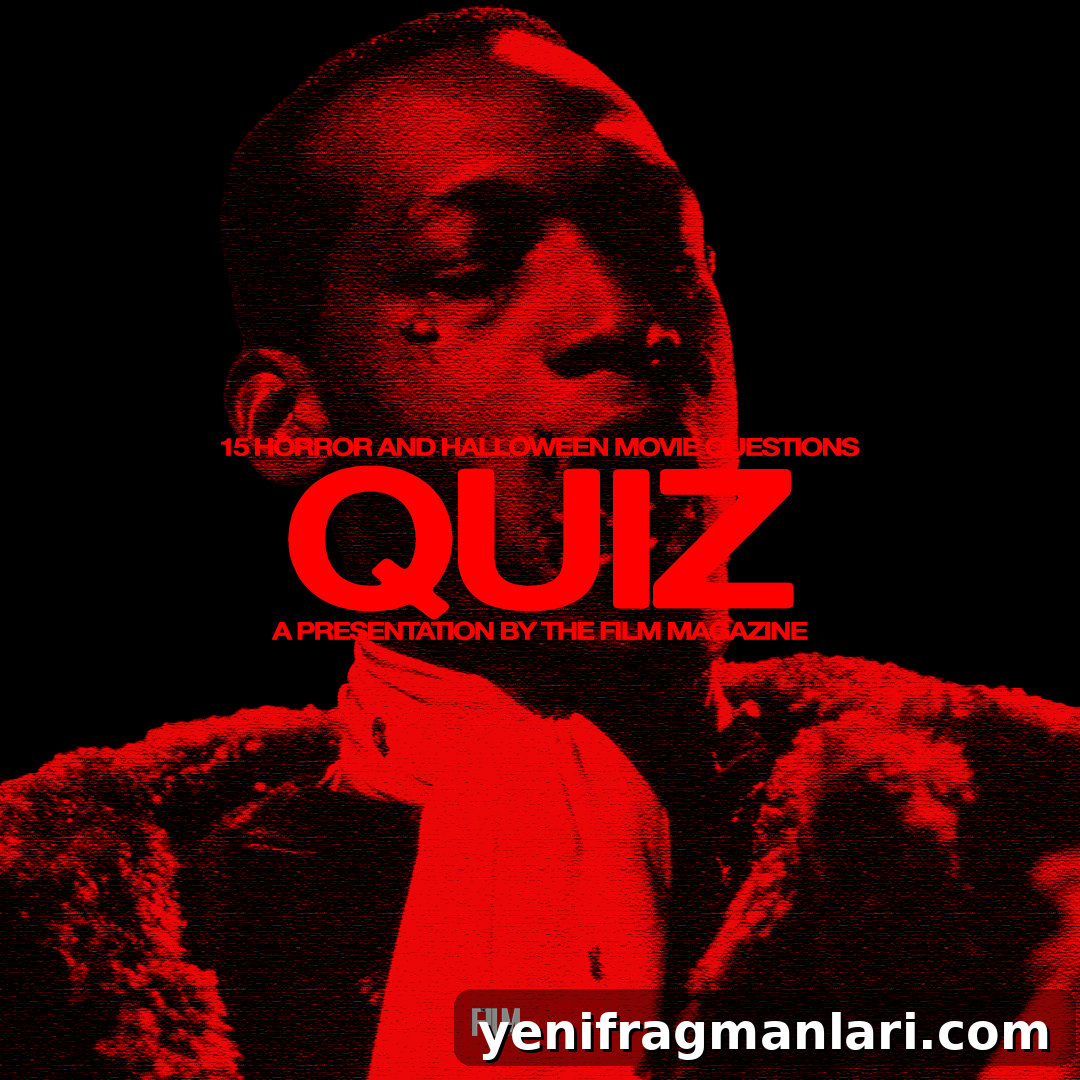 Tony Todd in 'Candyman' (1992) is the background of a graphic promoting a horror and Halloween movie quiz.