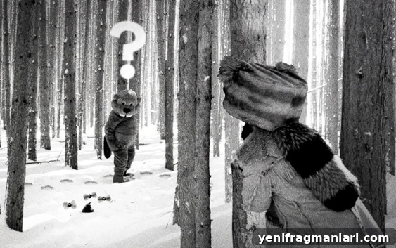 Sam Sewell-Peterson: Top 10 Films of 2024 2 A black and white film still of a man peering through the woods at another man in a beaver costume with a question mark over his head, from 'Hundreds of Beavers'.