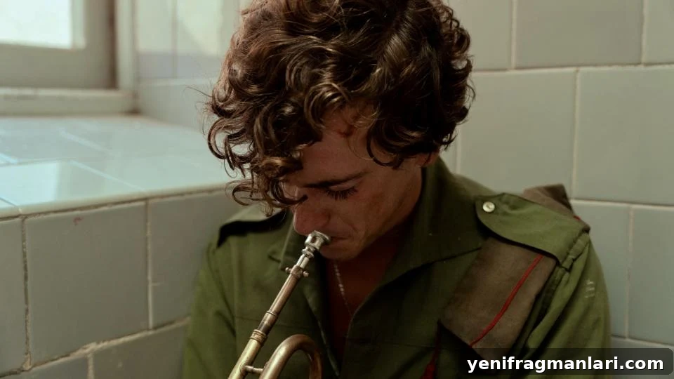 La Bola Negra: Queer History, Art, Desire and Legacy 2 A soldier plays a trumpet in a tiled room in La Bola Negra